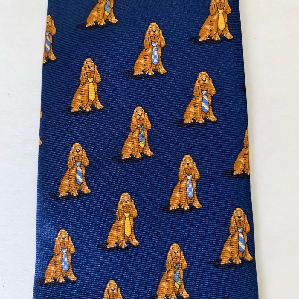 Men’s royal blue 100% silk neck tie with cute pattern of puppies with neck ties
